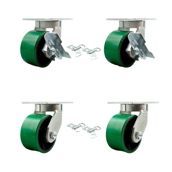Service Caster 6'' Heavy Duty Green Poly on Cast Iron Caster Set 4 Swivel Locks 2 Brakes, 4PK CRAN-KP92S630-PUR-GB-SLB-BSL-2-BSL-2 - main
